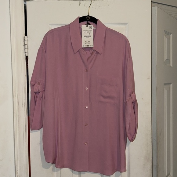 ZARA WOMEN FLOWY PINK POCKET SHIRT ROLLED UP SLEEVES SIZE L .NEW WITH TAGS - Picture 9 of 10